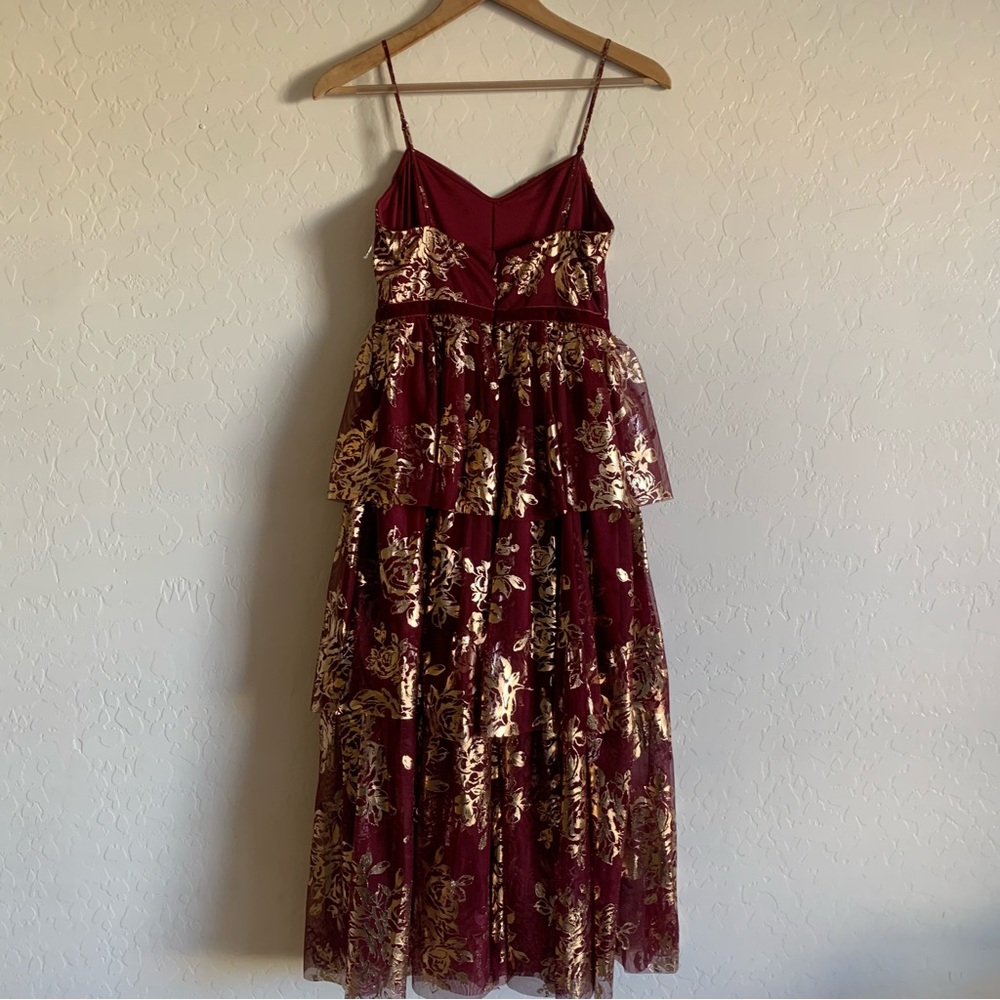NEW Jewel Badgley Mischka Metallic Floral Tiered Tulle Cocktail Dress in Wine - Picture 7 of 10